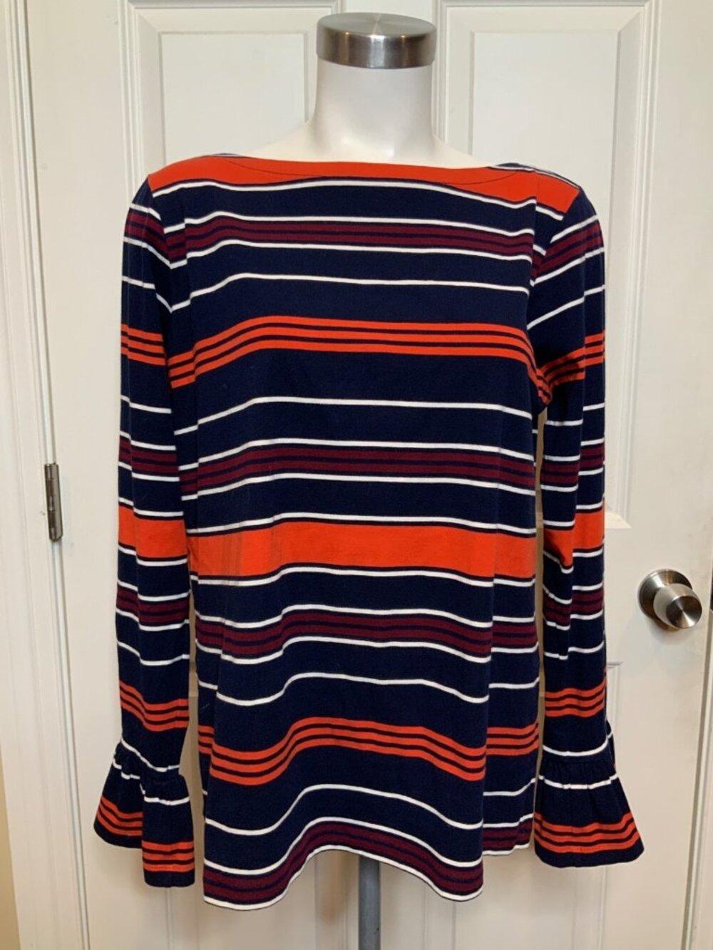 Lauren Ralph Lauren Navy Blue Striped Ruffle Sleeve Boat Neck Top, Size 1X